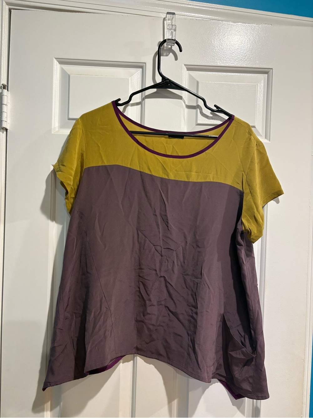 Anthropologie Left of center colorblocked silk blouse top yellow purple sz L